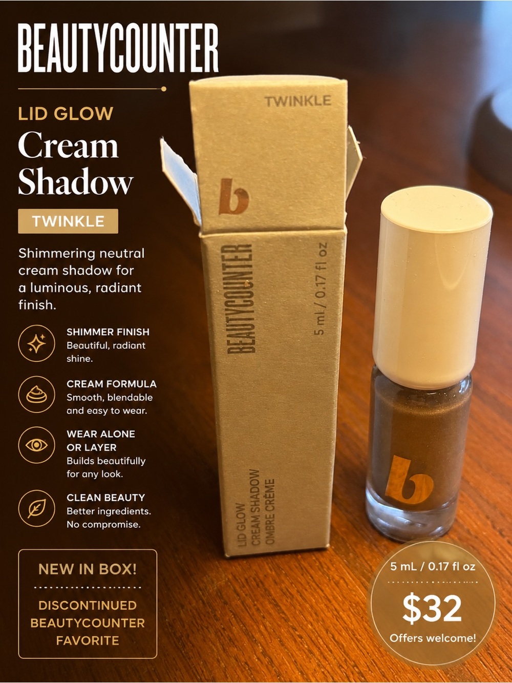 Beautycounter Lid Glow Cream Shadow Twinkle Shimmer Eyeshadow 5ml NIB